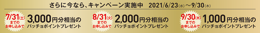 さらに今なら、キャンペーン実施中 2021/6/23(水)~9/30(木)
7/31(土)までのお申し込みで 3,000円分相当のパッチョポイントプレゼント
8/31(火)までのお申し込みで 2,000円分相当のパッチョポイントプレゼント
9/30(木)までのお申し込みで 1,000円分相当のパッチョポイントプレゼント